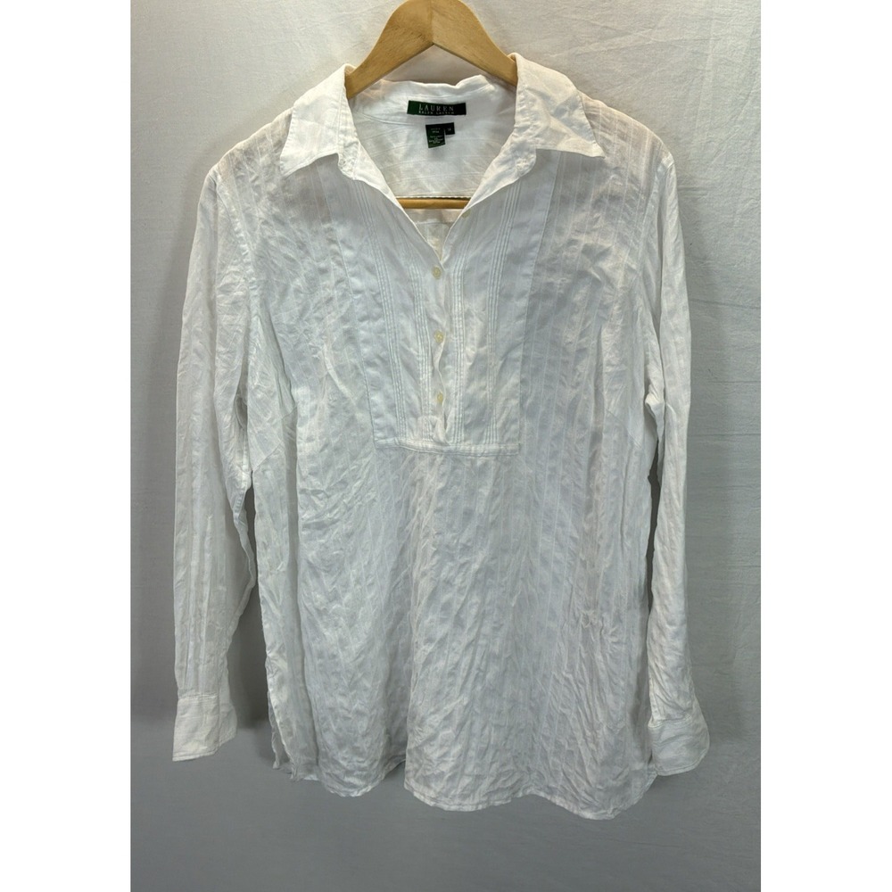 Vtg Lauren Ralph Lauren Linen Blnd Pintuck Blouse White Stripe 1X Resort Travel